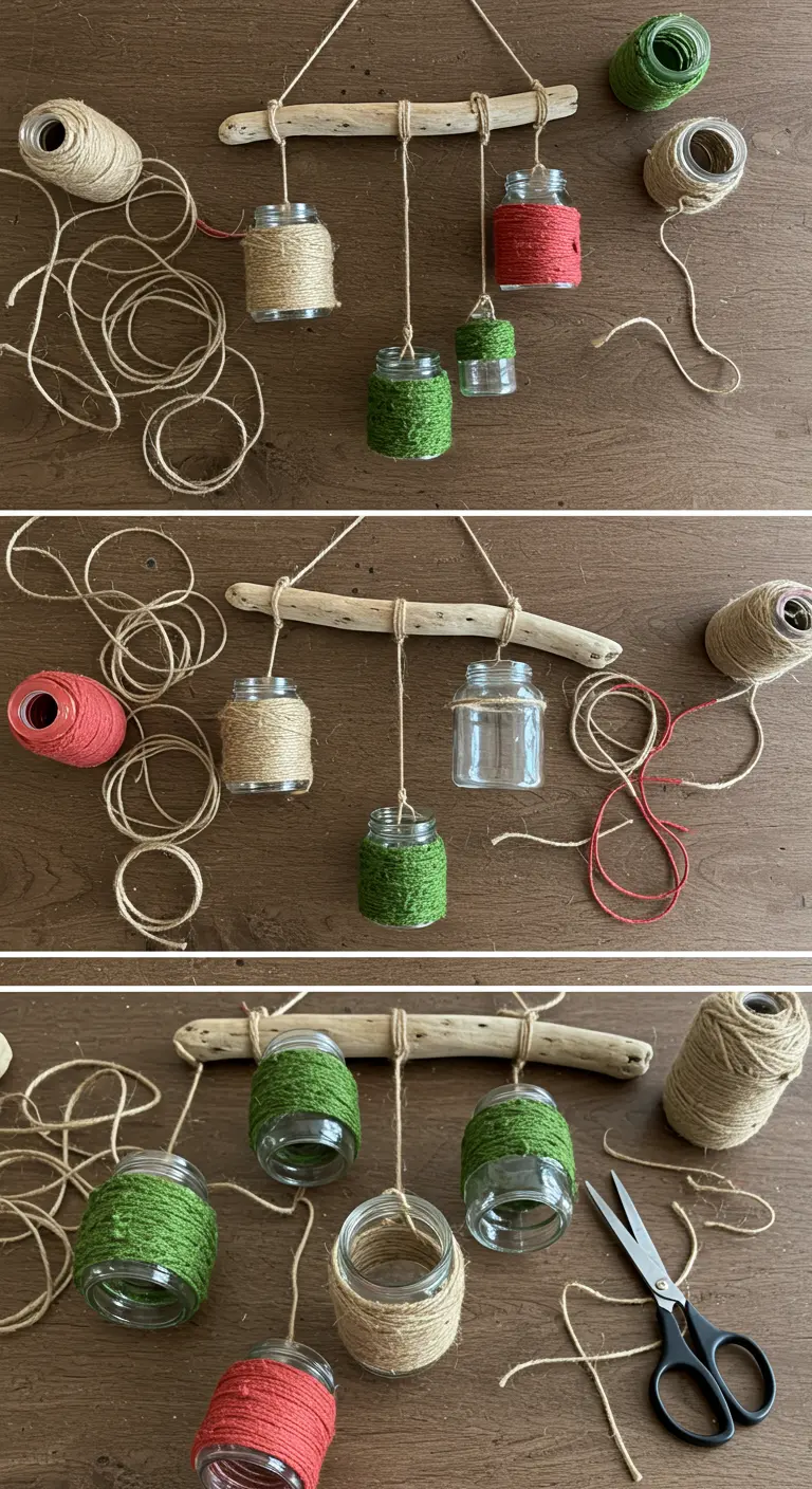 Proceso de creación de un móvil colgante con una rama, frascos de colores y yute.