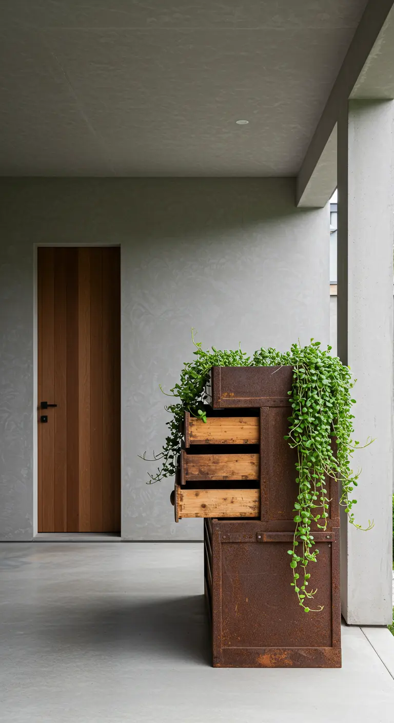 Archivador de metal oxidado reutilizado como macetero vertical con plantas colgando de sus cajones.