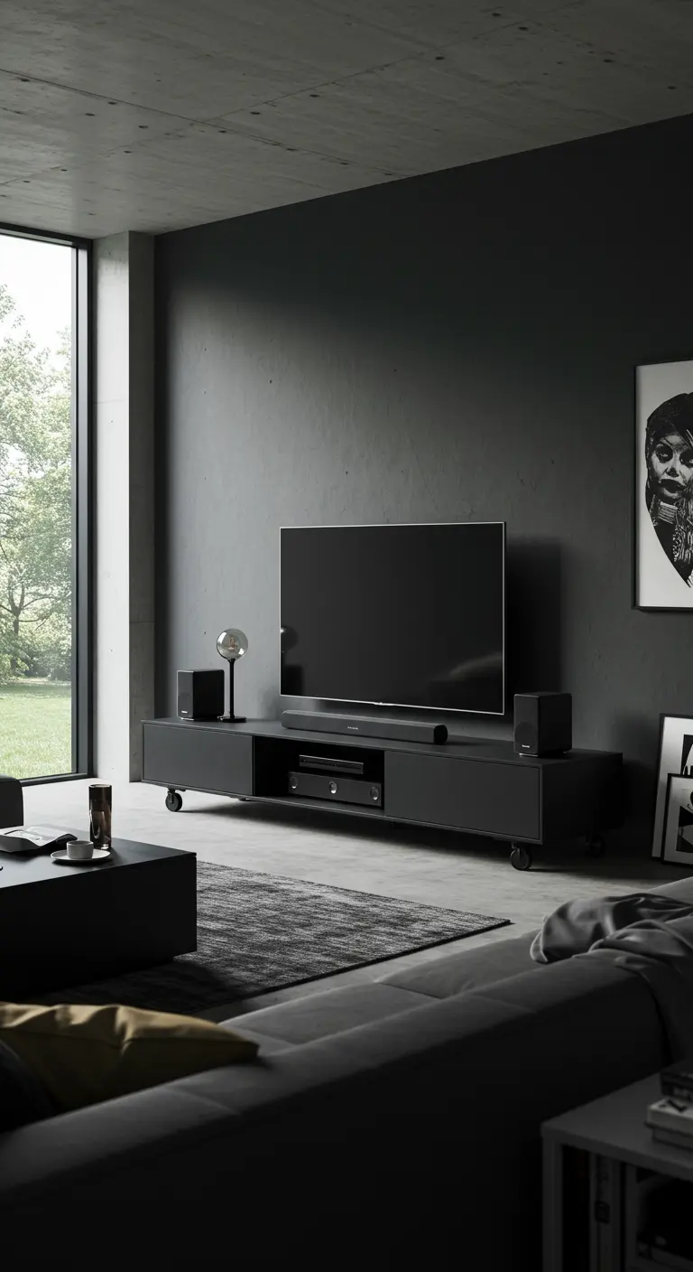 Mueble de TV bajo y oscuro con ruedas en un salón de estilo industrial y minimalista.