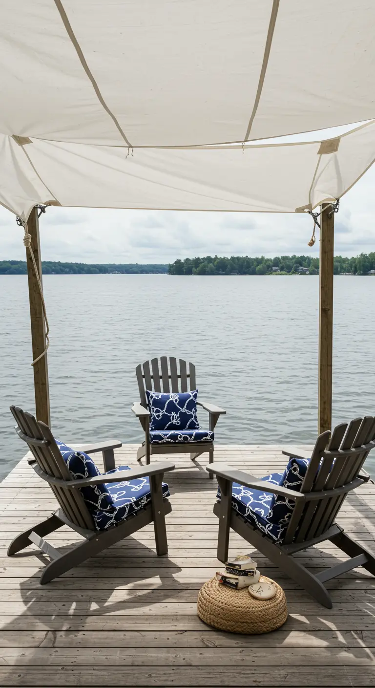 Muelle de madera sobre un lago con cuatro sillas y un toldo de lona blanca.