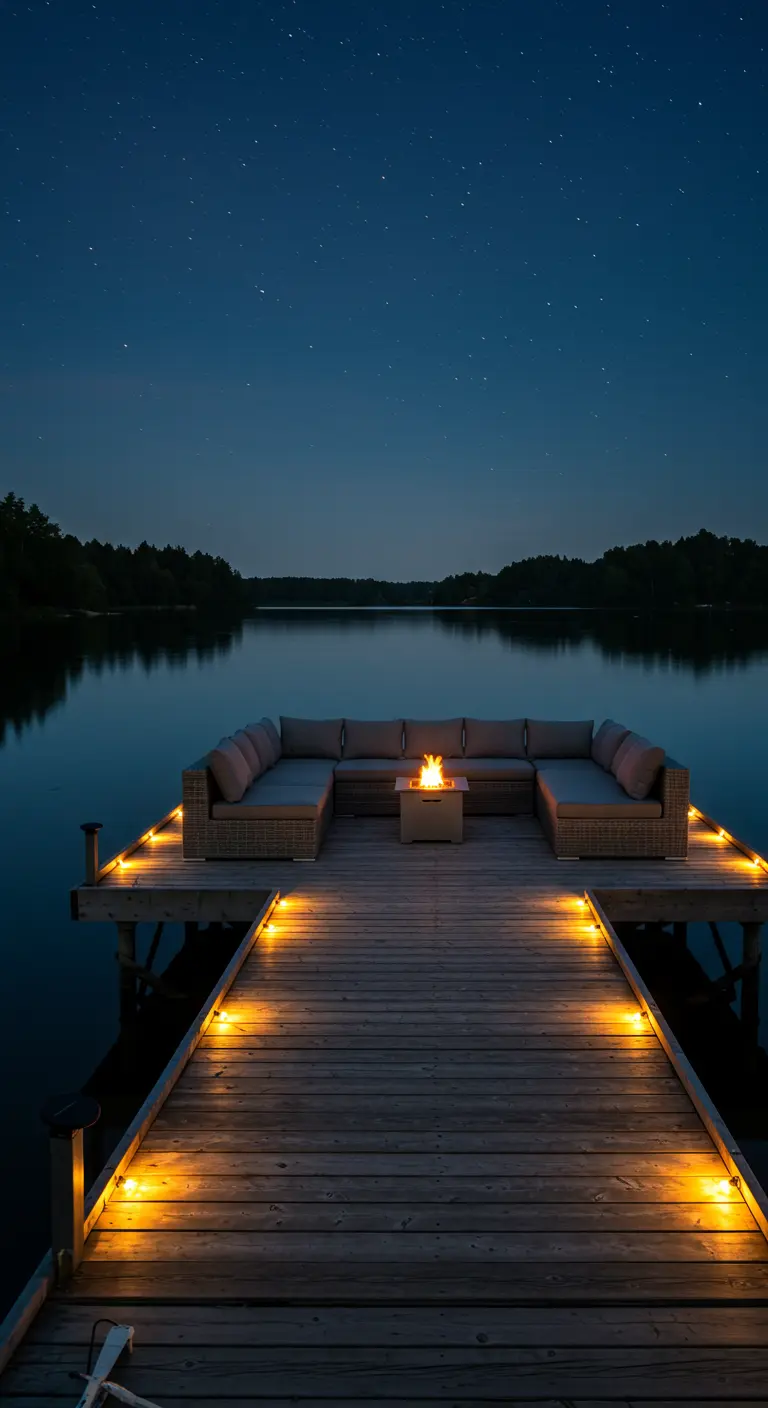 Muelle de madera sobre un lago con un sofá seccional, una hoguera y luces solares en los bordes.