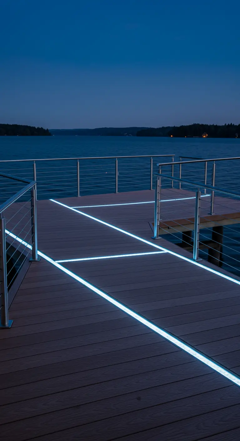 Muelle de madera con líneas de luz LED azul claro empotradas formando un patrón geométrico.