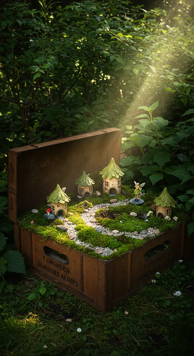 Caja metálica oxidada convertida en un jardín de hadas con musgo, casitas y una figura de hada.