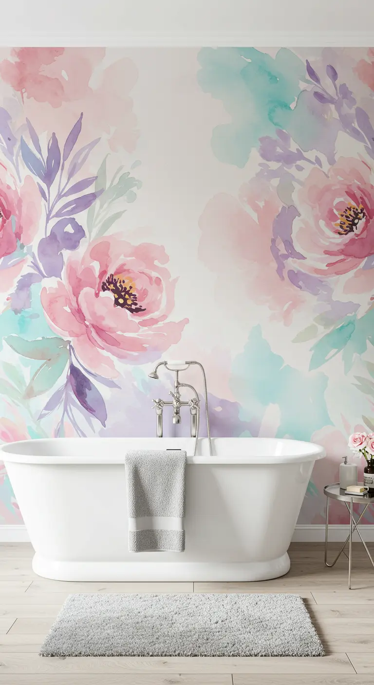 Baño con un gran mural de flores en acuarela rosa y turquesa detrás de una bañera exenta.