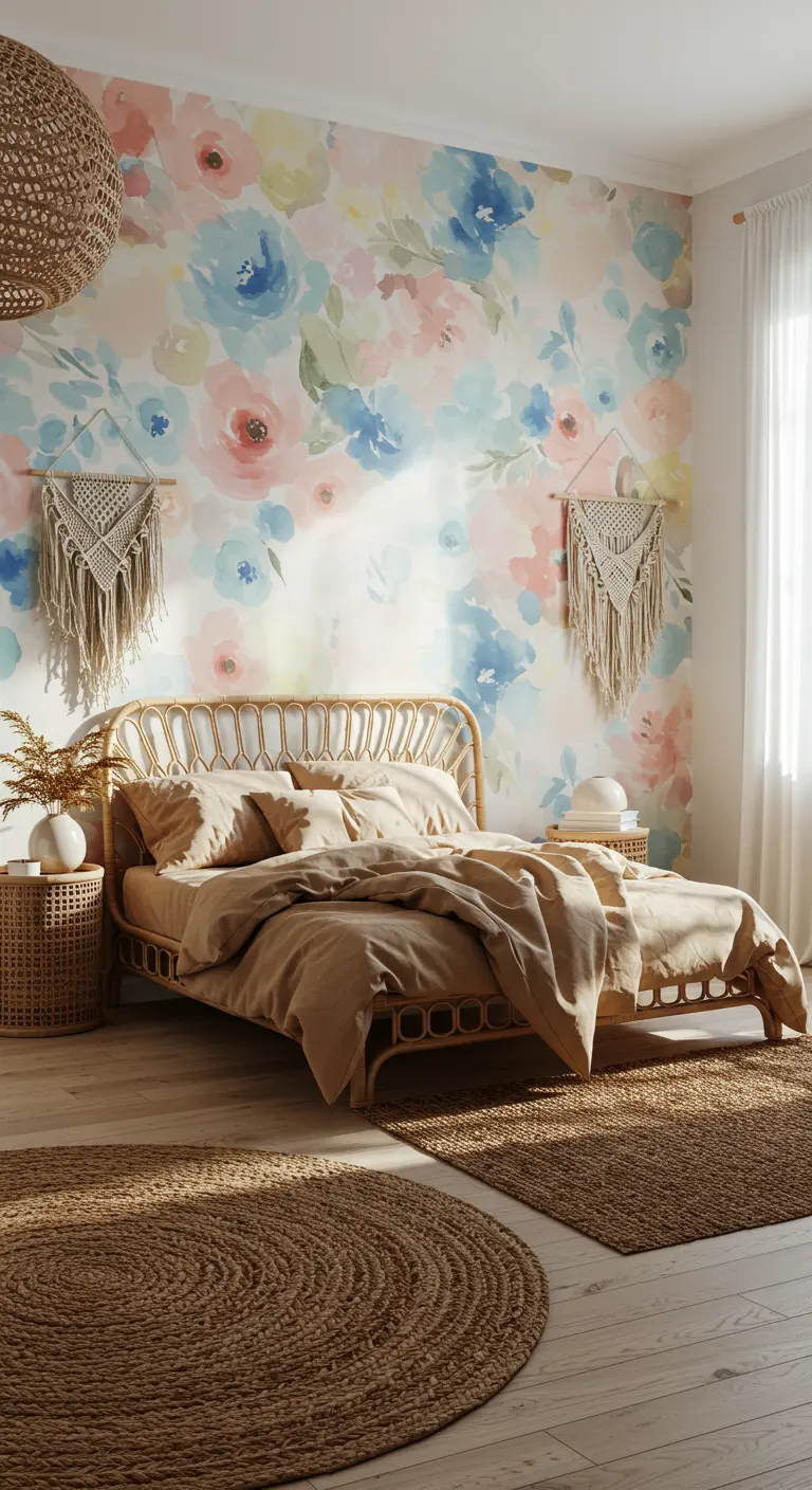 Mural de pared con flores de acuarela en tonos pastel detrás de una cama de ratán estilo boho