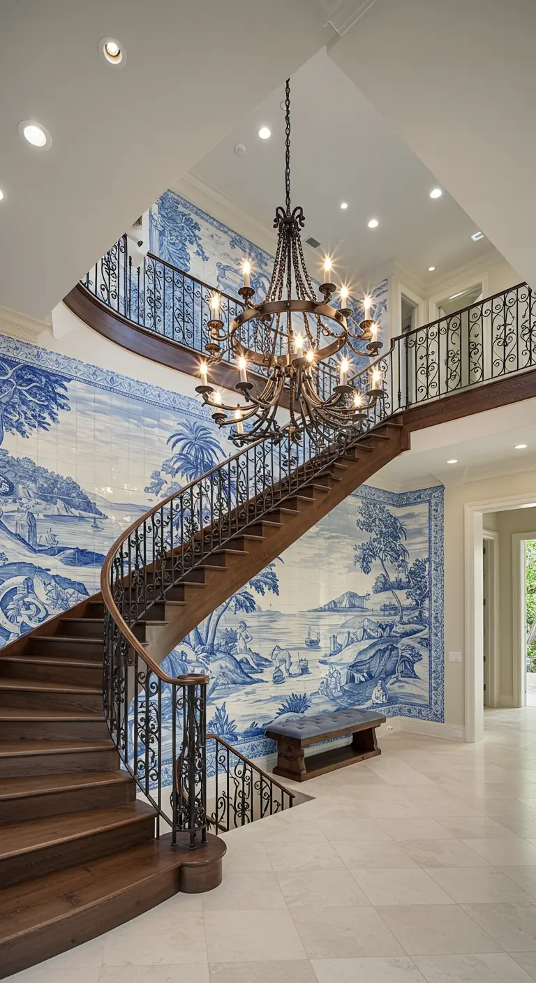 Impresionante escalera curva con una pared cubierta por un mural de azulejos azules y blancos.
