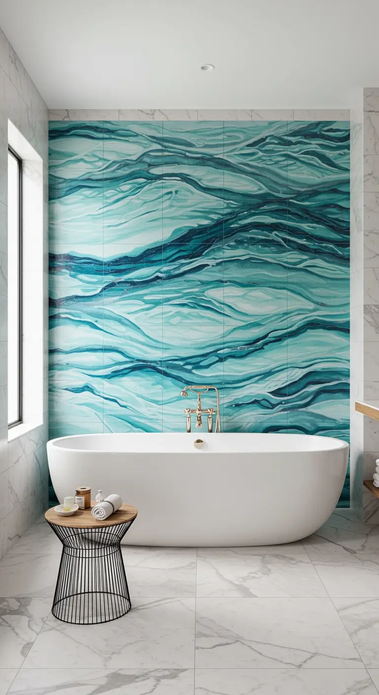 Baño con una pared de azulejos que forman un mural de olas azules tras una bañera blanca