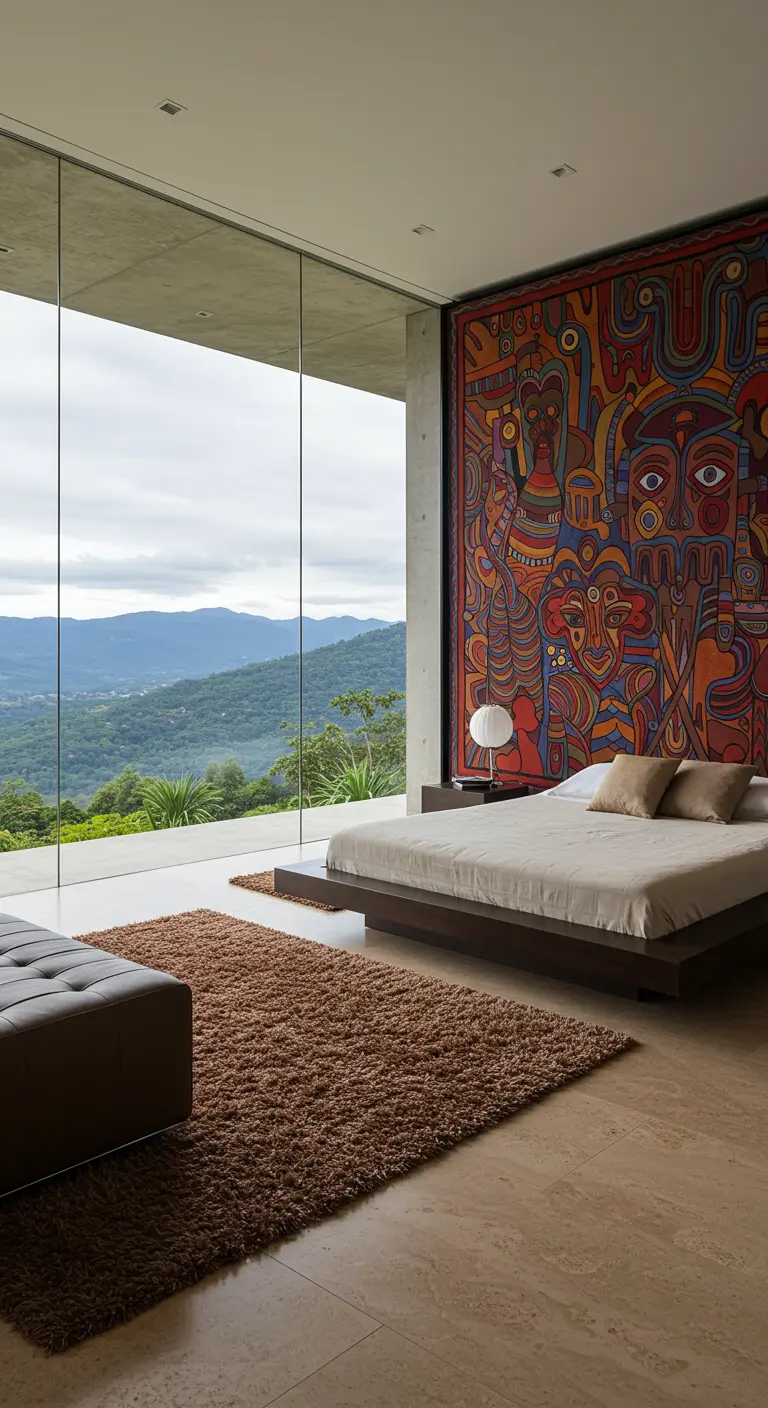 Dormitorio minimalista con una pared de cristal y un enorme mural de arte tribal muy colorido.