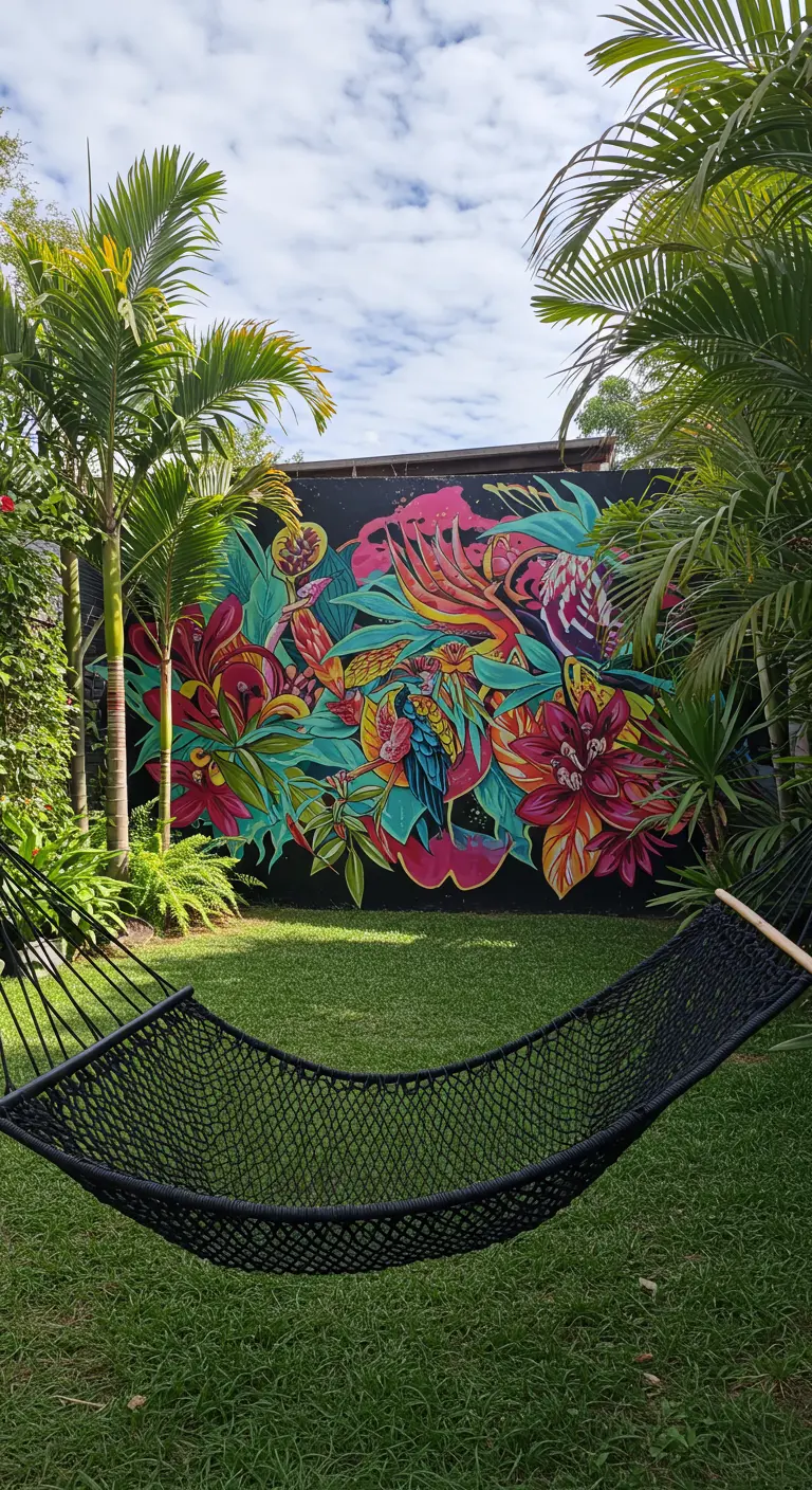 Jardín con un gran mural de grafiti tropical en la pared y una hamaca de red negra.