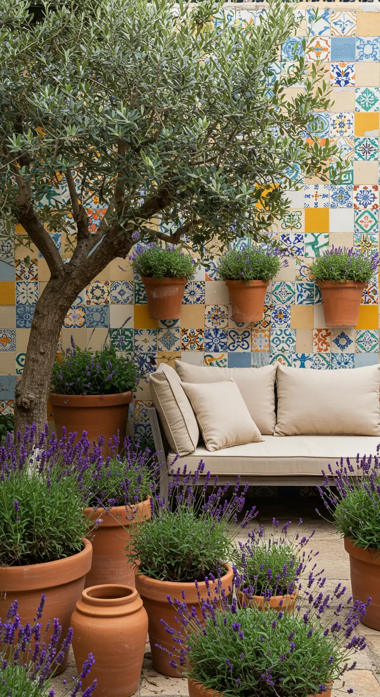 Pared de patio cubierta de coloridos azulejos hidráulicos, con un banco de madera y macetas.