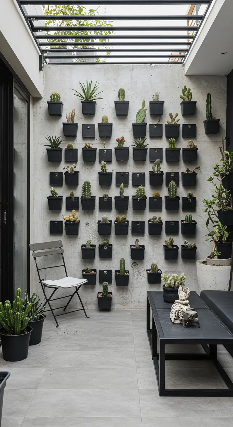Pared de hormigón con una cuadrícula de pequeñas cajas metálicas negras llenas de cactus.