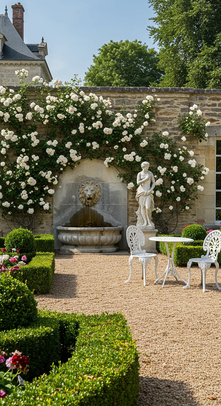 Jardín clásico con pared de piedra, rosales blancos, fuente de león y muebles de hierro.