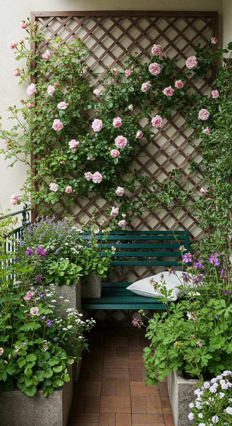 Pared de balcón cubierta por una celosía de madera con un rosal trepador en flor y un banco verde.