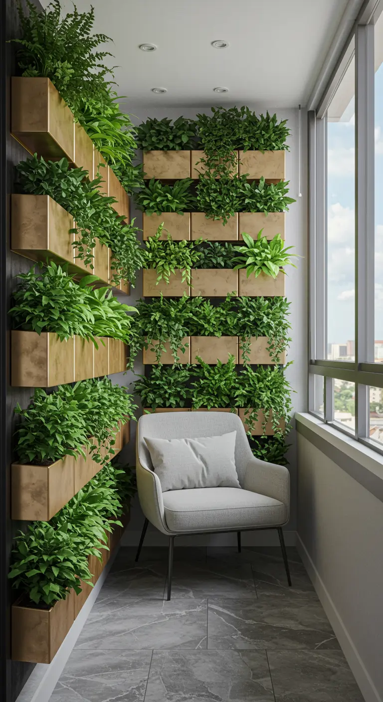 Jardín vertical en un balcón estrecho con jardineras doradas llenas de plantas y un sillón gris.