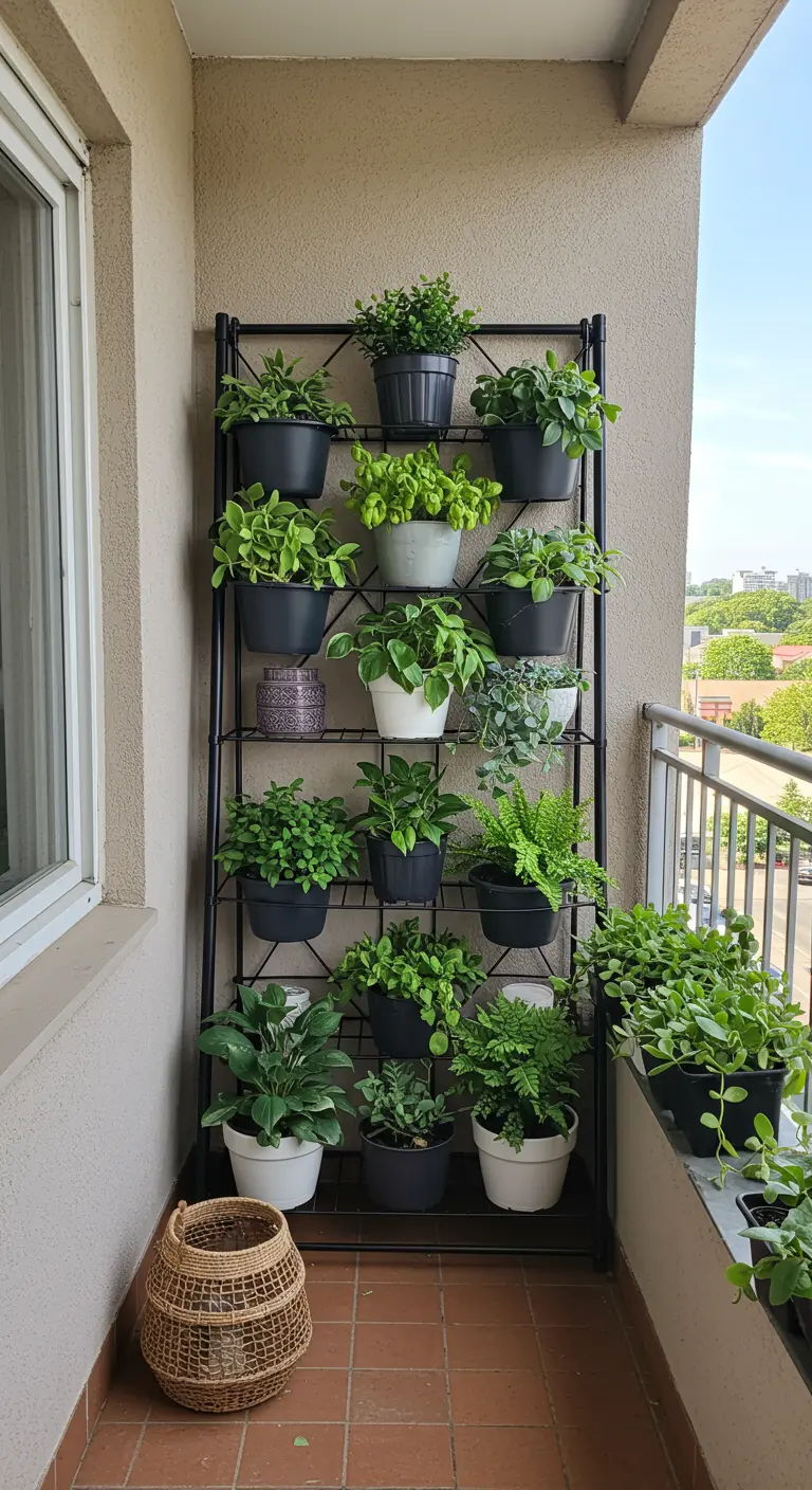Estantería alta y estrecha de metal negro en un balcón, llena de diversas plantas en macetas.