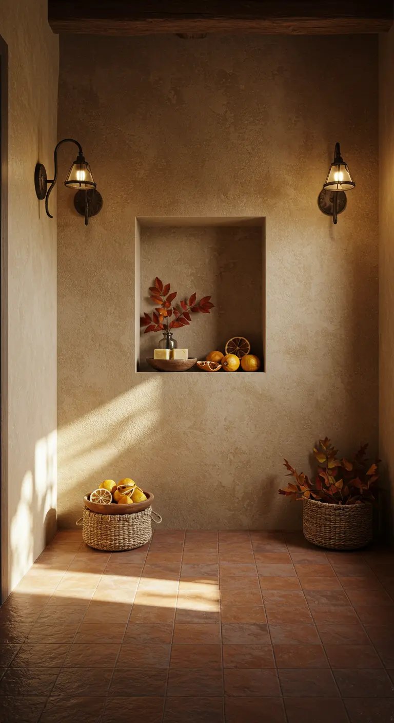 Nicho en una pared de baño rústico decorado con ramas, velas y naranjas.