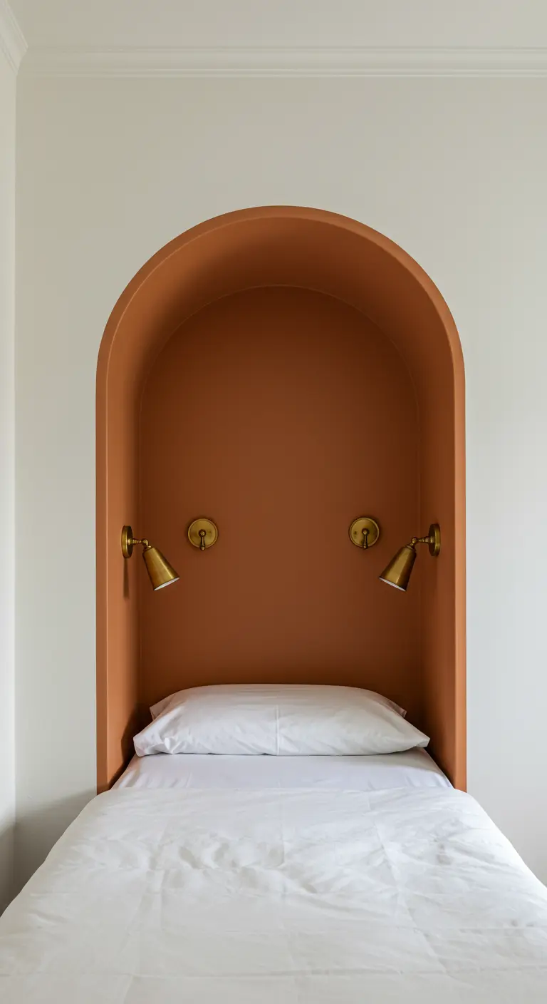 Cama individual dentro de un nicho de pared pintado en color terracota con apliques dorados