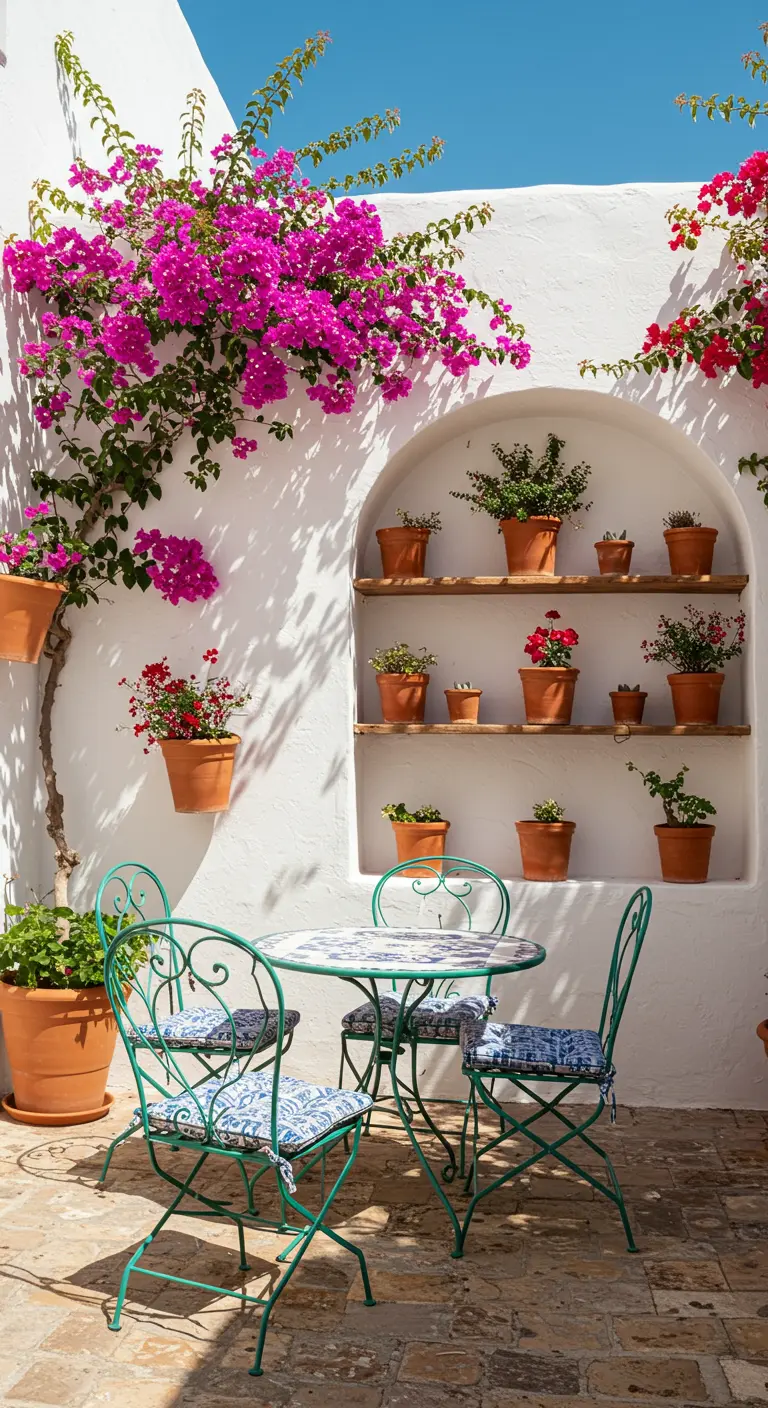 Estantes de madera en un nicho de pared blanca con macetas de terracota y buganvillas.