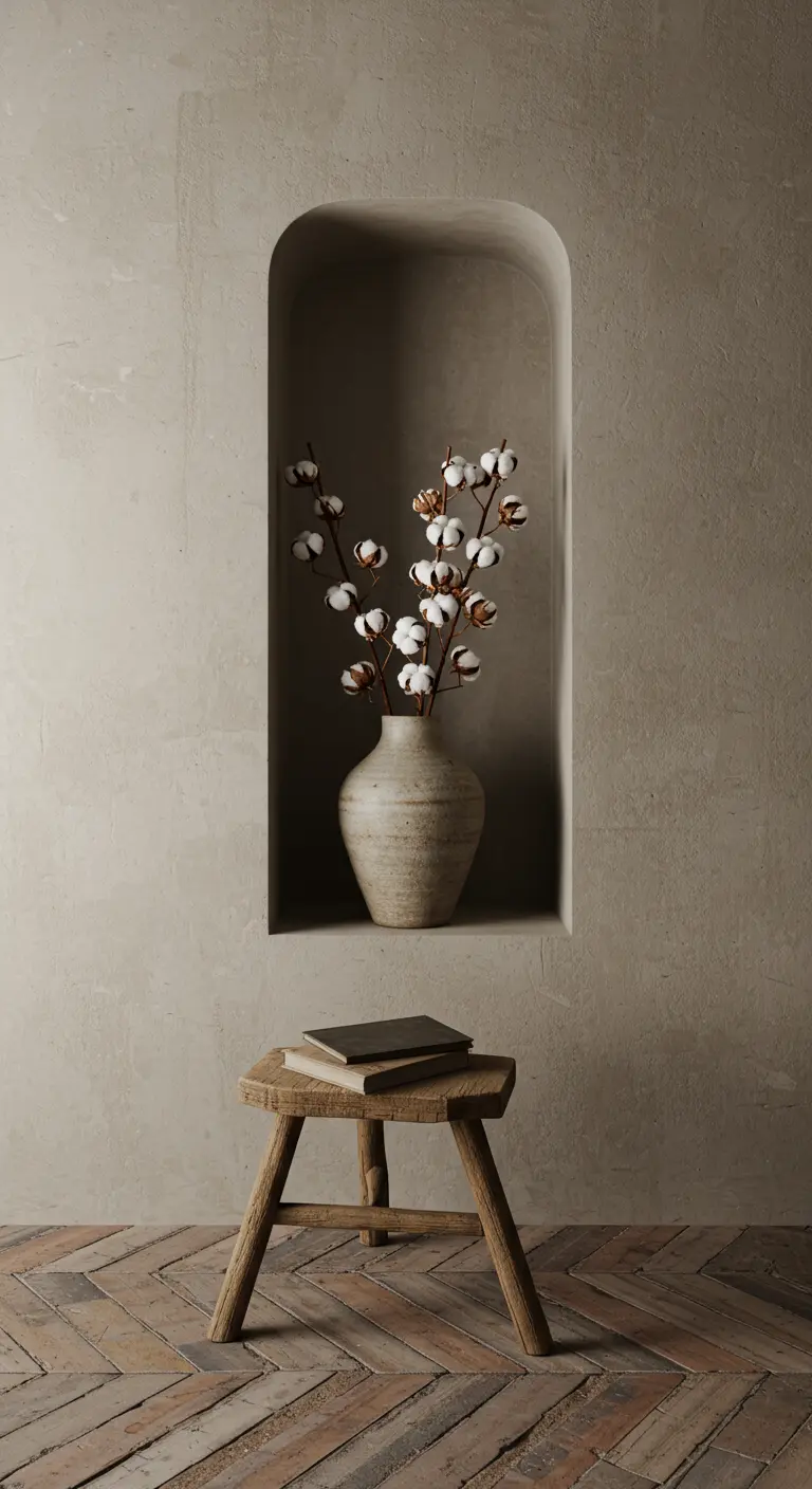 Nicho en la pared con un jarrón con flores de algodón y un pequeño taburete de madera.