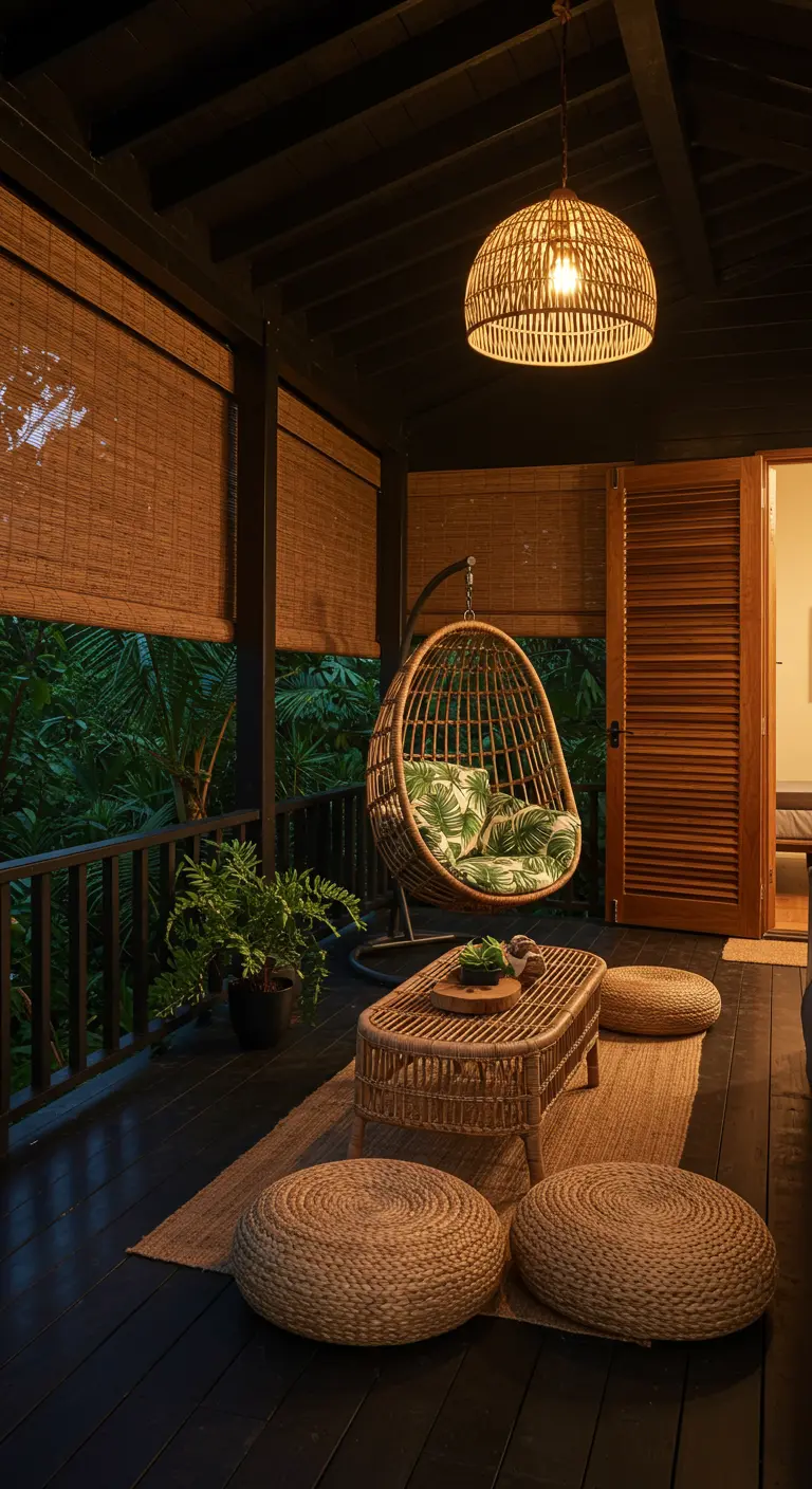 Porche oscuro con silla colgante de mimbre, cojines tropicales y pufs de yute.