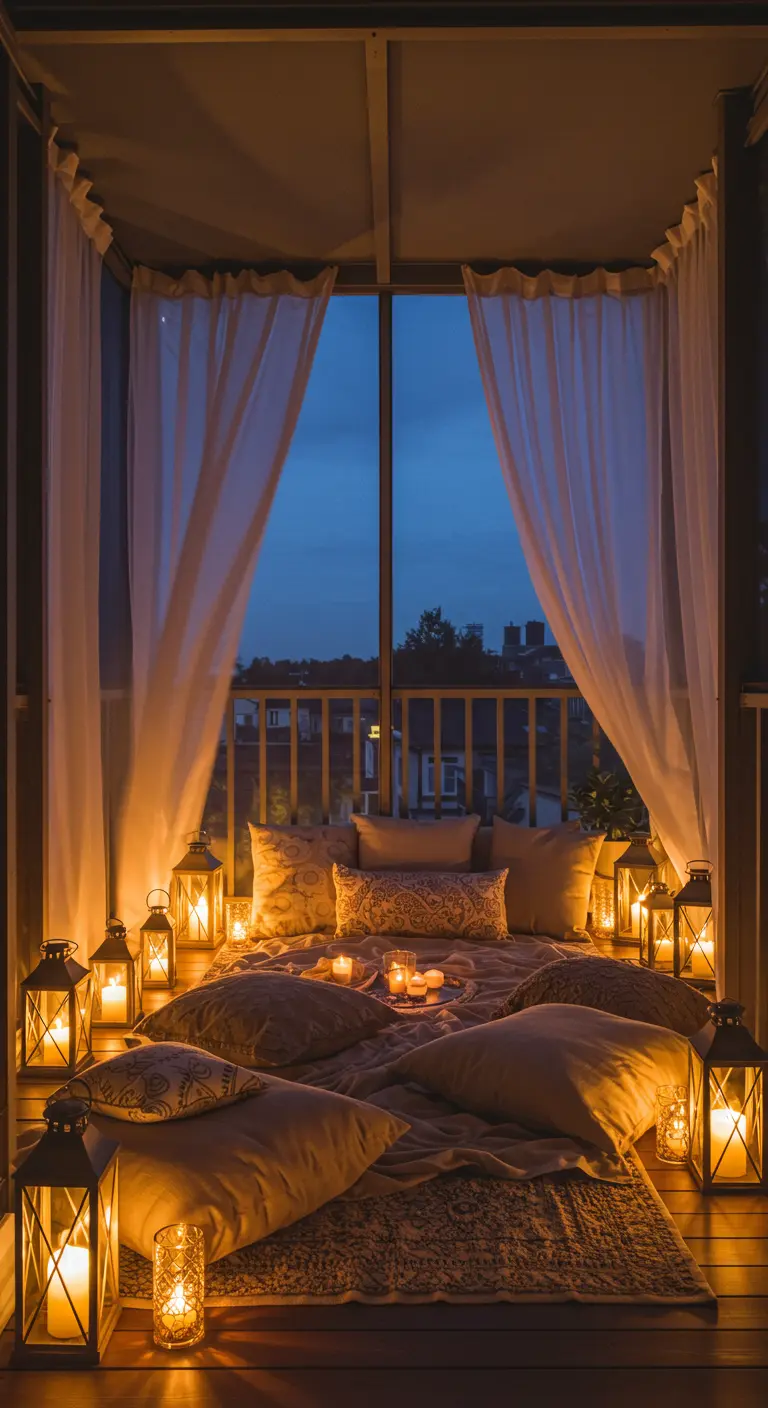 Rincón íntimo en un balcón con cama baja, dosel de tela y una multitud de farolillos.