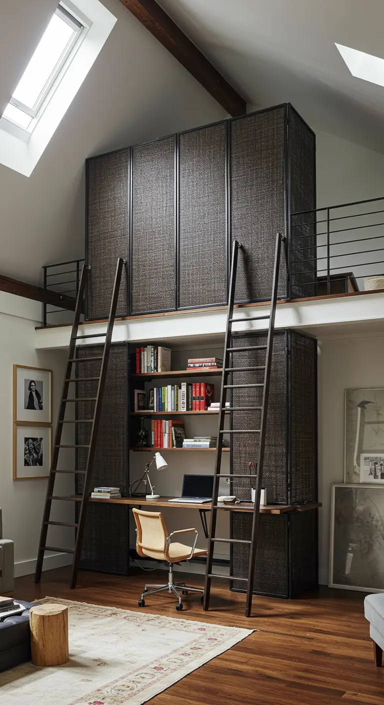 Oficina tipo loft de dos niveles separada por grandes paneles de malla oscura.