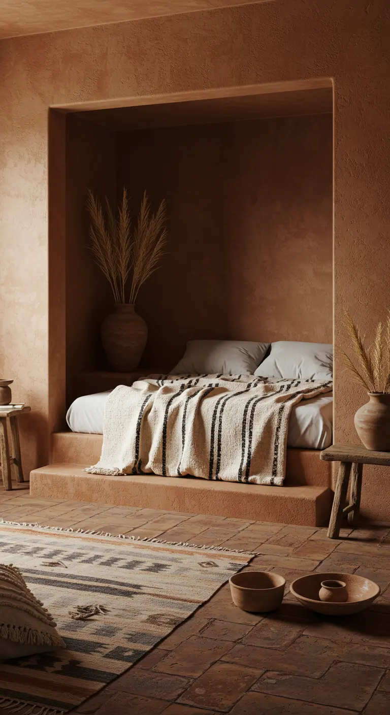 Cama dentro de una hornacina en una habitación de color terracota con textiles naturales.