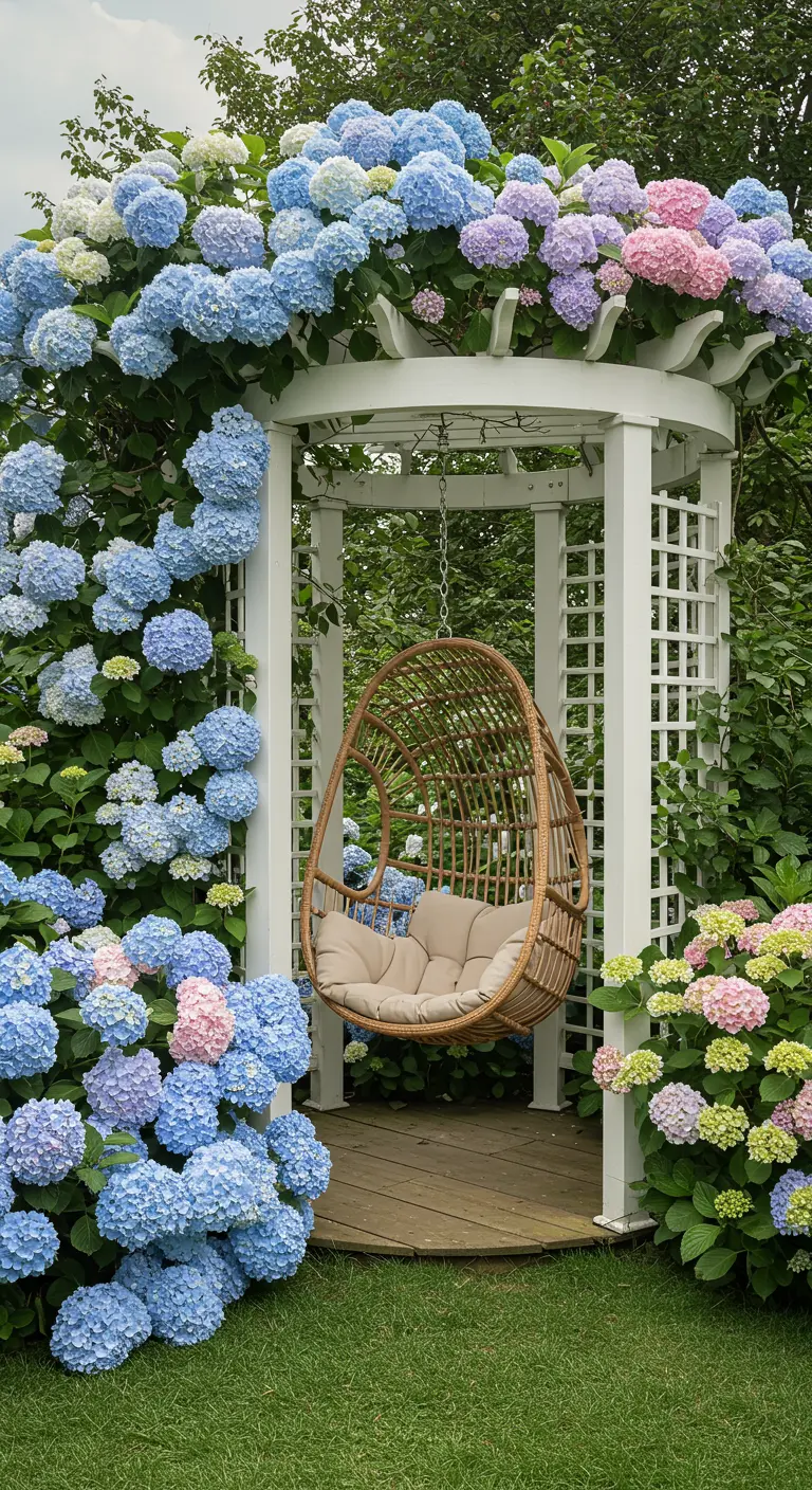 Pérgola blanca en forma de arco cubierta de hortensias azules, rosas y blancas, con un sillón colgante.