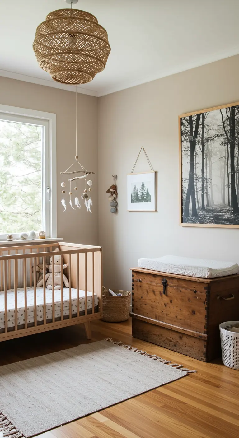 Habitación de bebé de estilo wabi-sabi con cuna de madera y decoración natural.