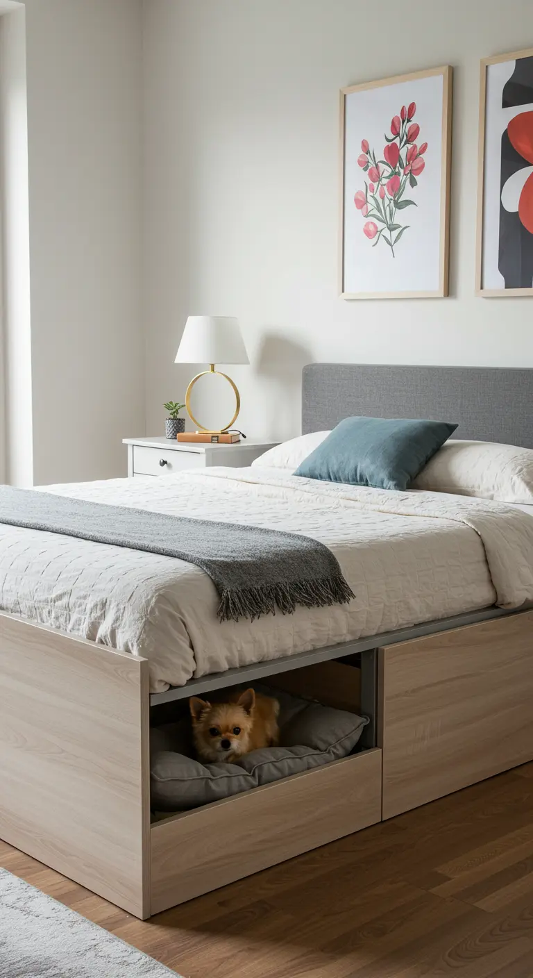 Cama con un cajón extraíble en la base que contiene una cama para perro.