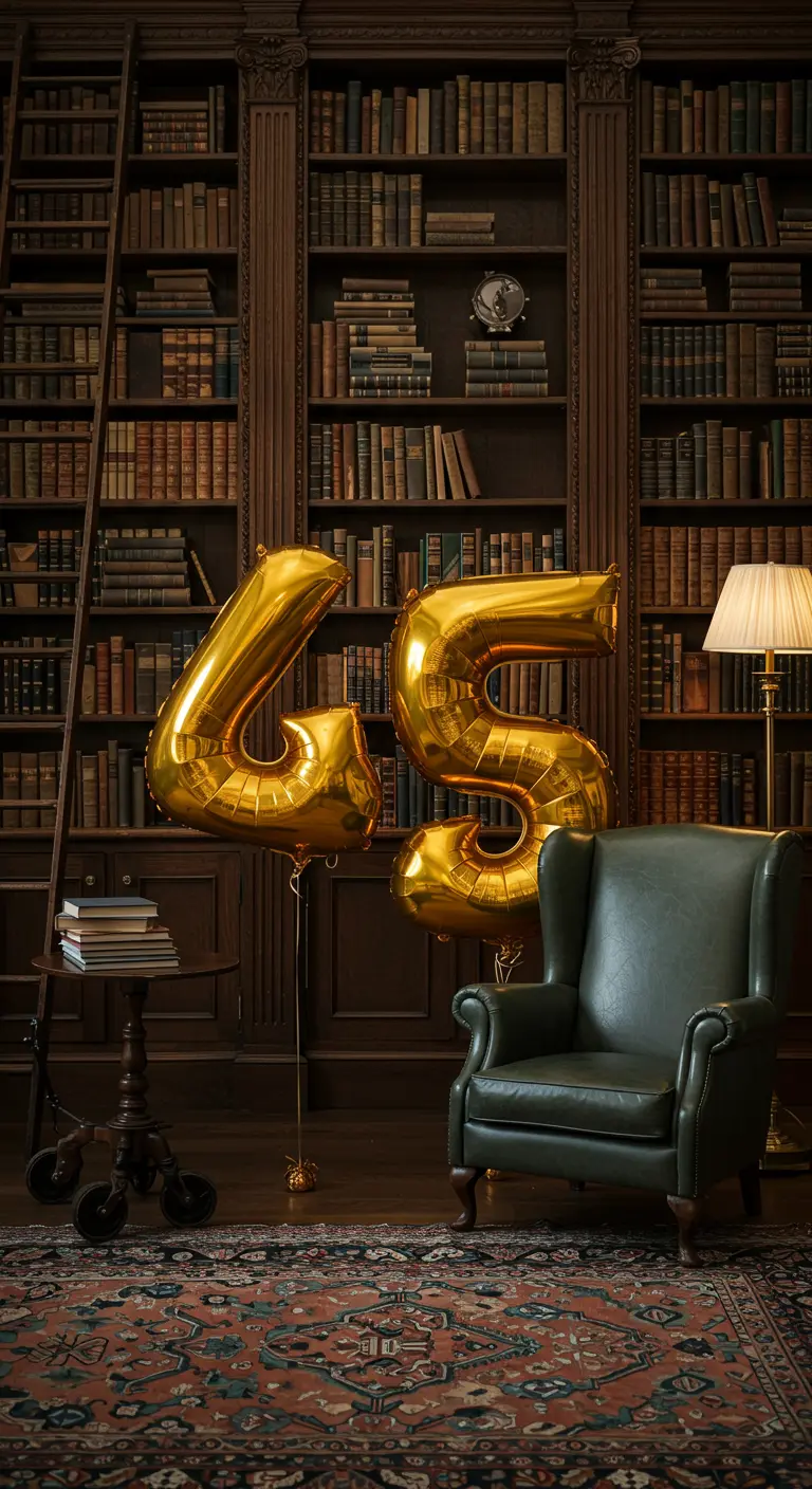 Globos dorados del número 45 en una biblioteca clásica con un sillón de cuero.