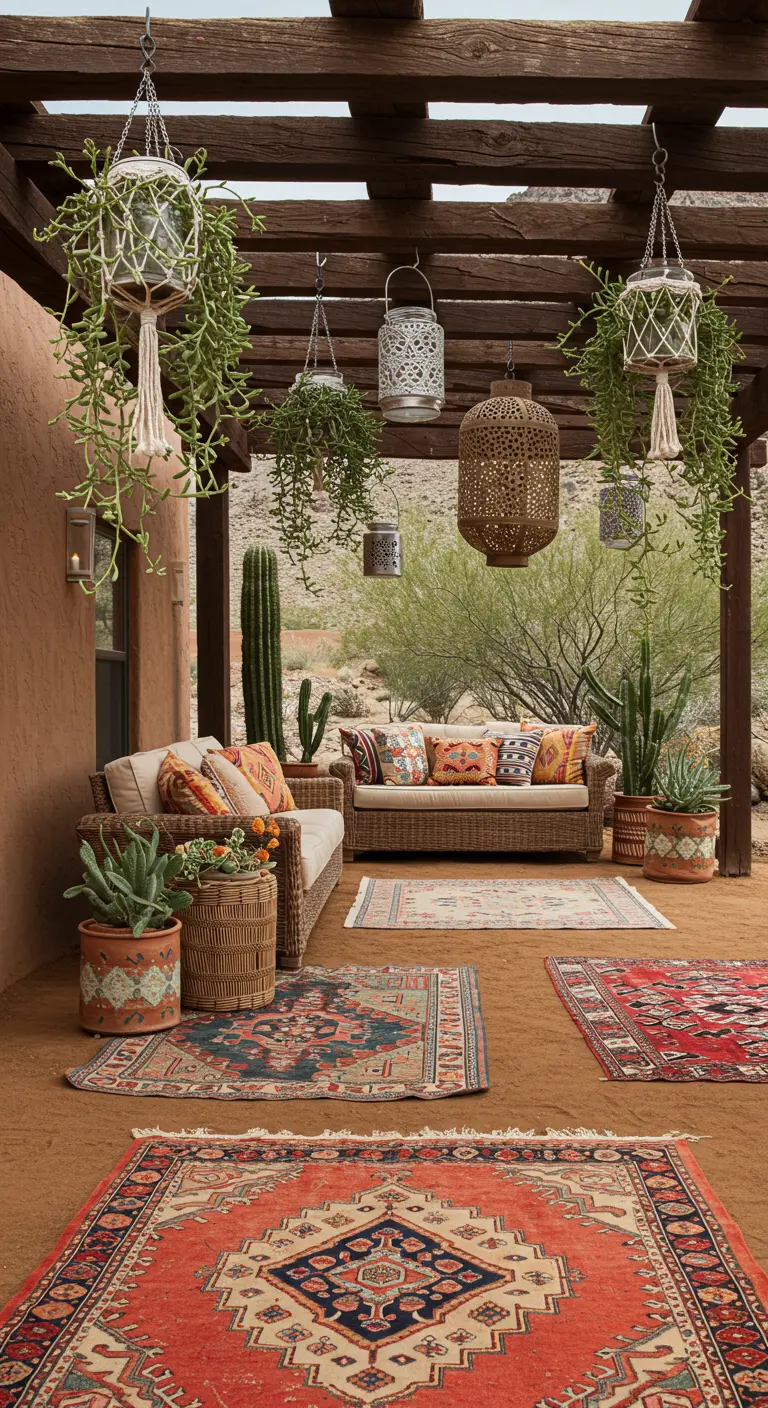 Patio de estilo desértico con alfombras, sofás de mimbre, cactus y una mezcla de faroles