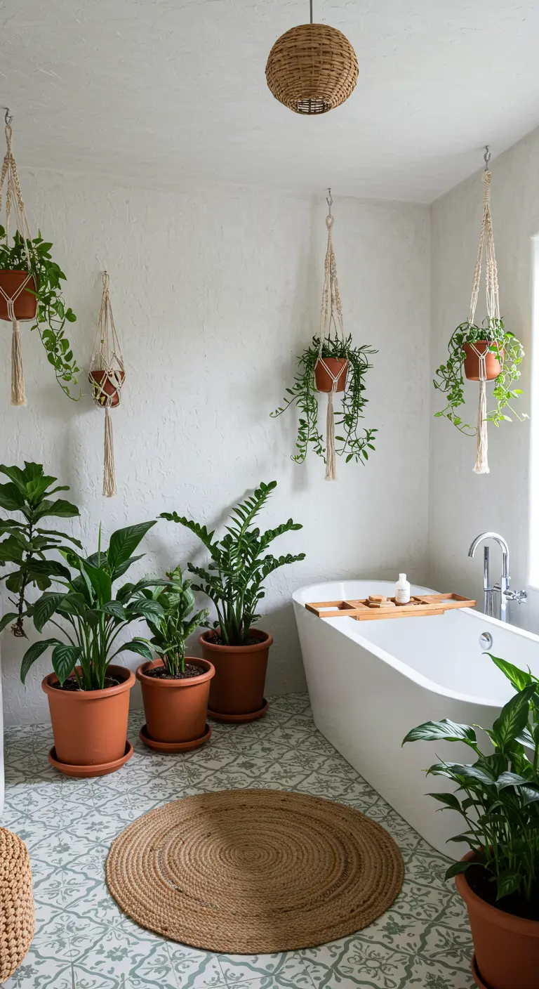 Baño blanco de estilo bohemio repleto de plantas en macetas y colgantes.