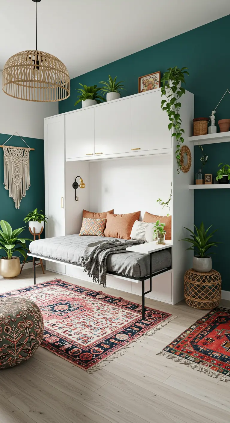 Habitación de estilo bohemio con cama abatible blanca, pared verde azulado y muchas plantas.