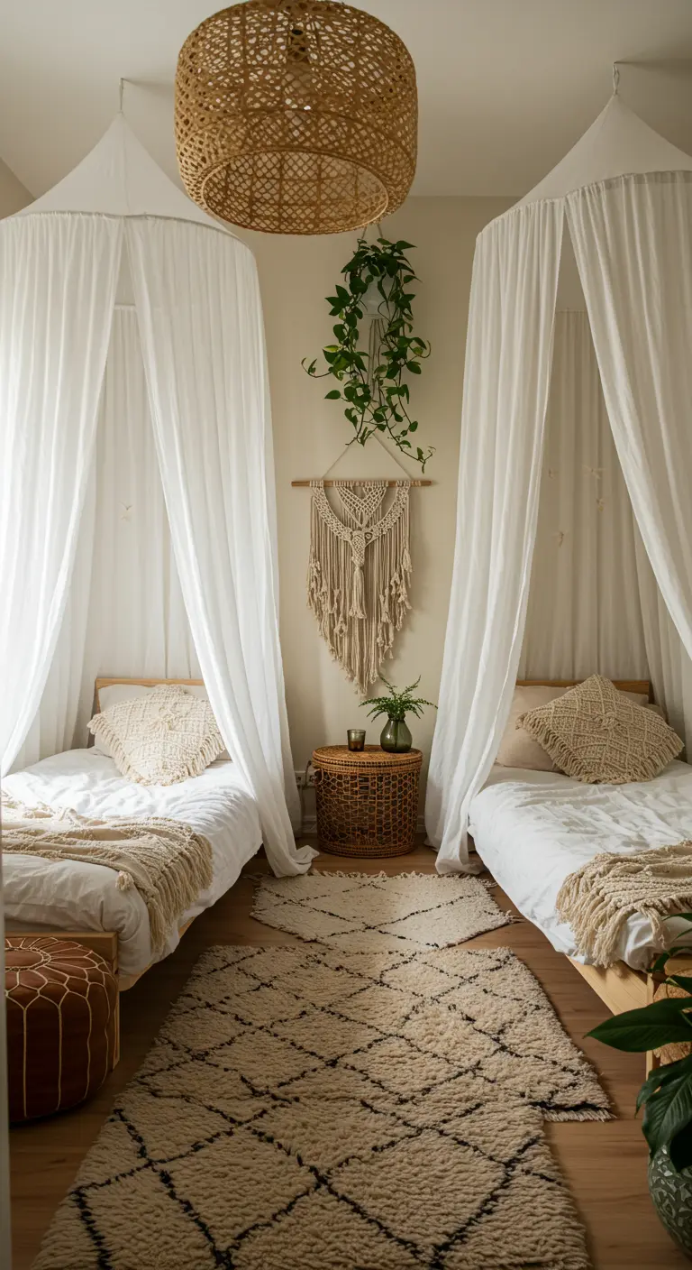 Dormitorio boho con dos camas con doseles blancos, alfombras de yute y macramé.
