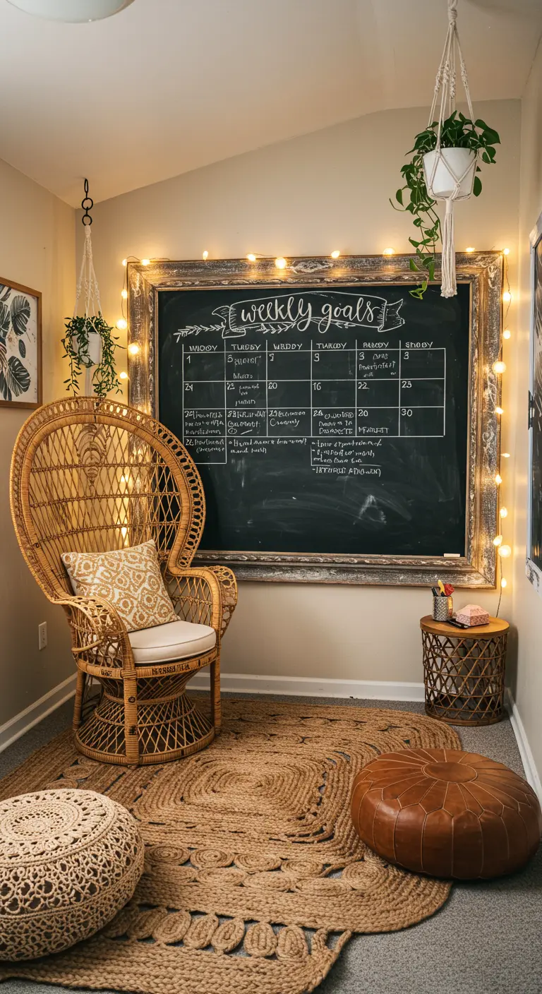 Esquina de planificación bohemia con una gran pizarra enmarcada, sillón de mimbre y luces cálidas.
