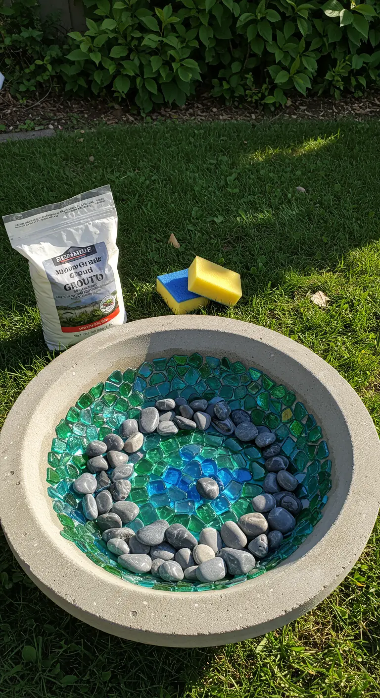 Bebedero para pájaros de cemento con el interior decorado con un mosaico de gemas de vidrio azules y verdes y piedras de río.