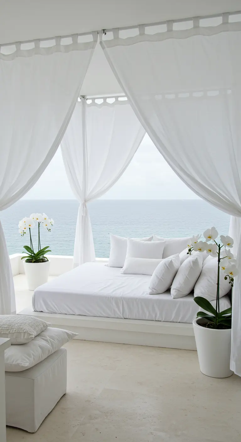 Zona chill-out totalmente blanca con cama, cortinas vaporosas y orquídeas, con vistas al océano.
