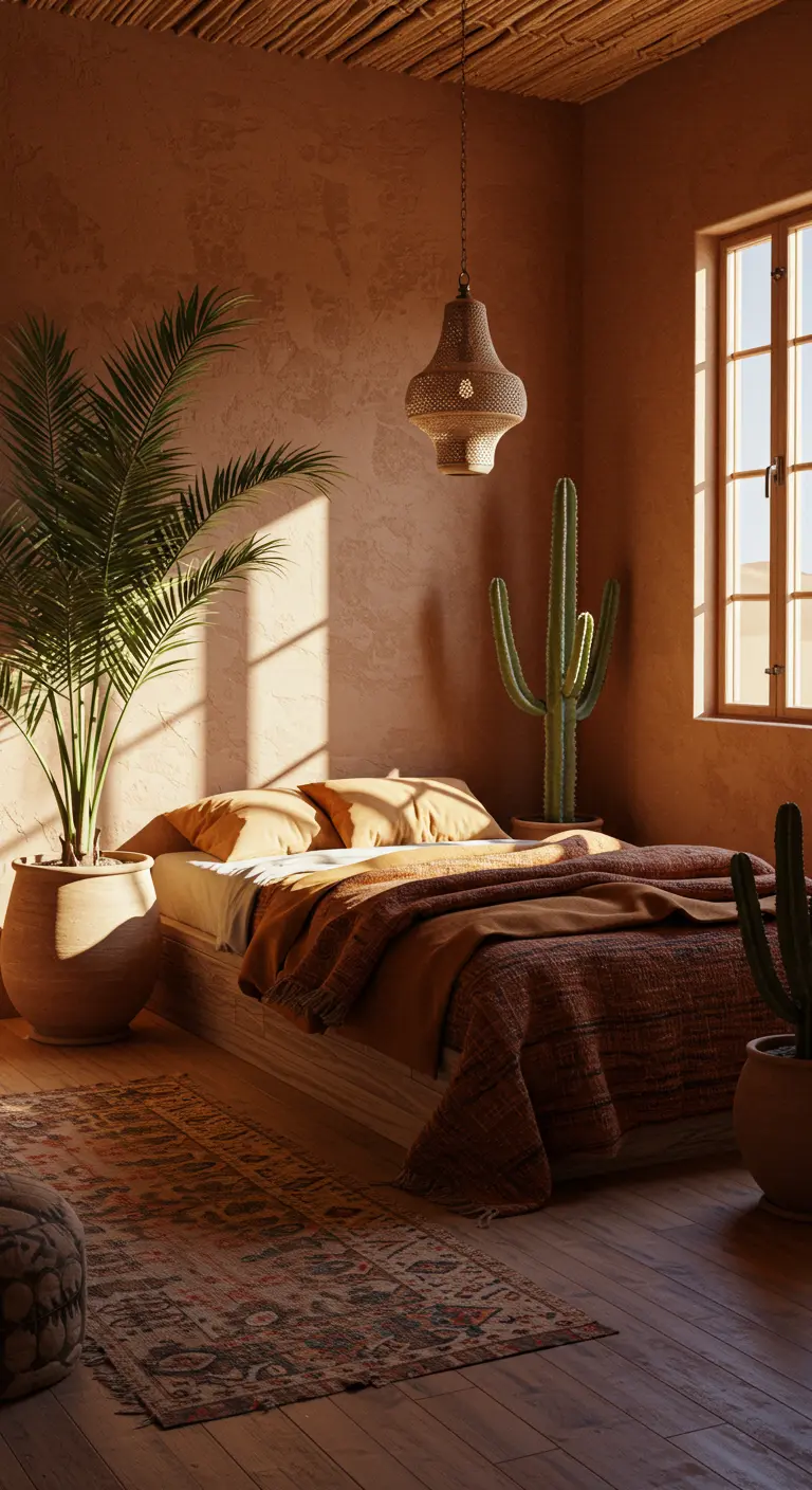 Dormitorio de estilo desértico con paredes terracota, plantas y textiles naturales