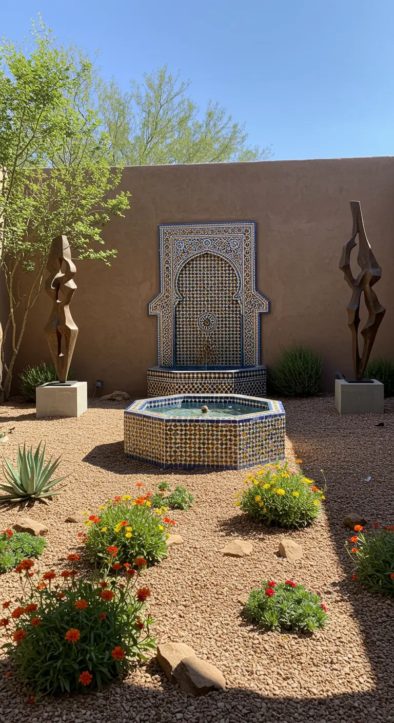 Patio de estilo marroquí con una fuente de mosaicos, esculturas abstractas y plantas desérticas.