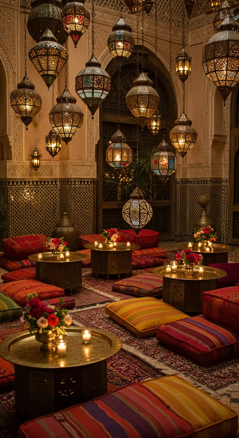 Lounge de estilo marroquí con cojines en el suelo y docenas de faroles colgantes.