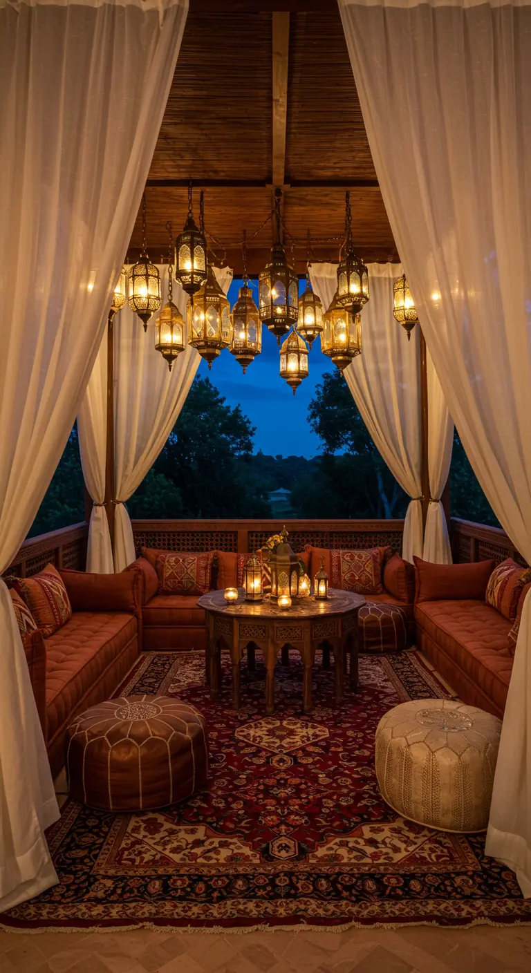 Porche estilo haima con cortinas blancas, sofás bajos con cojines rojos y una multitud de faroles