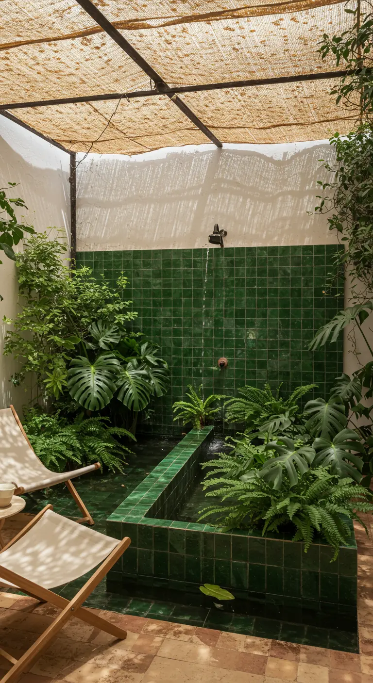 Pequeño patio con una ducha y alberca de azulejos verdes rodeada de frondosas plantas tropicales