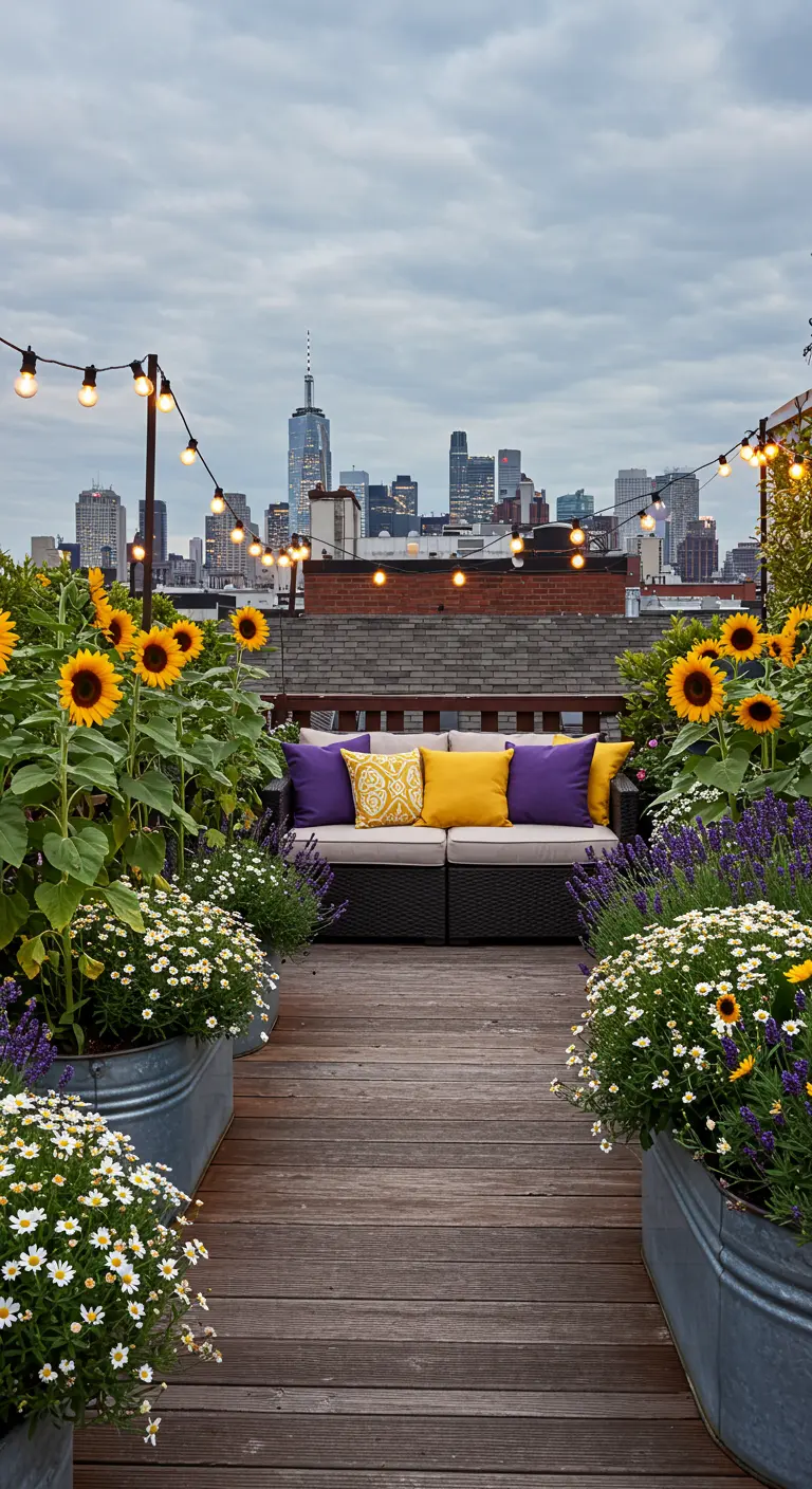Azotea urbana con maceteros de metal llenos de girasoles y margaritas, sofá y luces con el skyline de fondo.