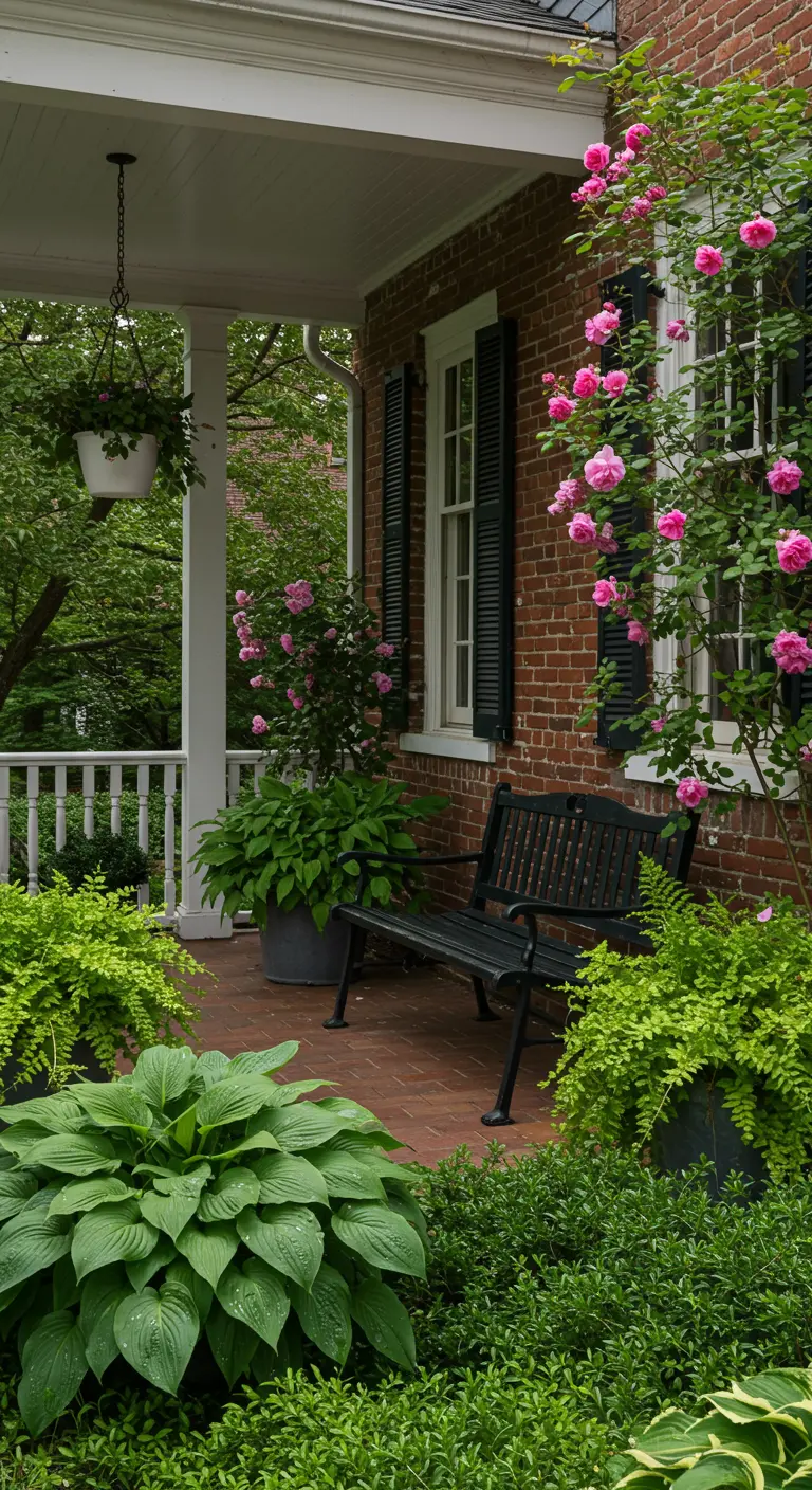 Porche de ladrillo con un banco negro rodeado de exuberante vegetación verde y un rosal fucsia.