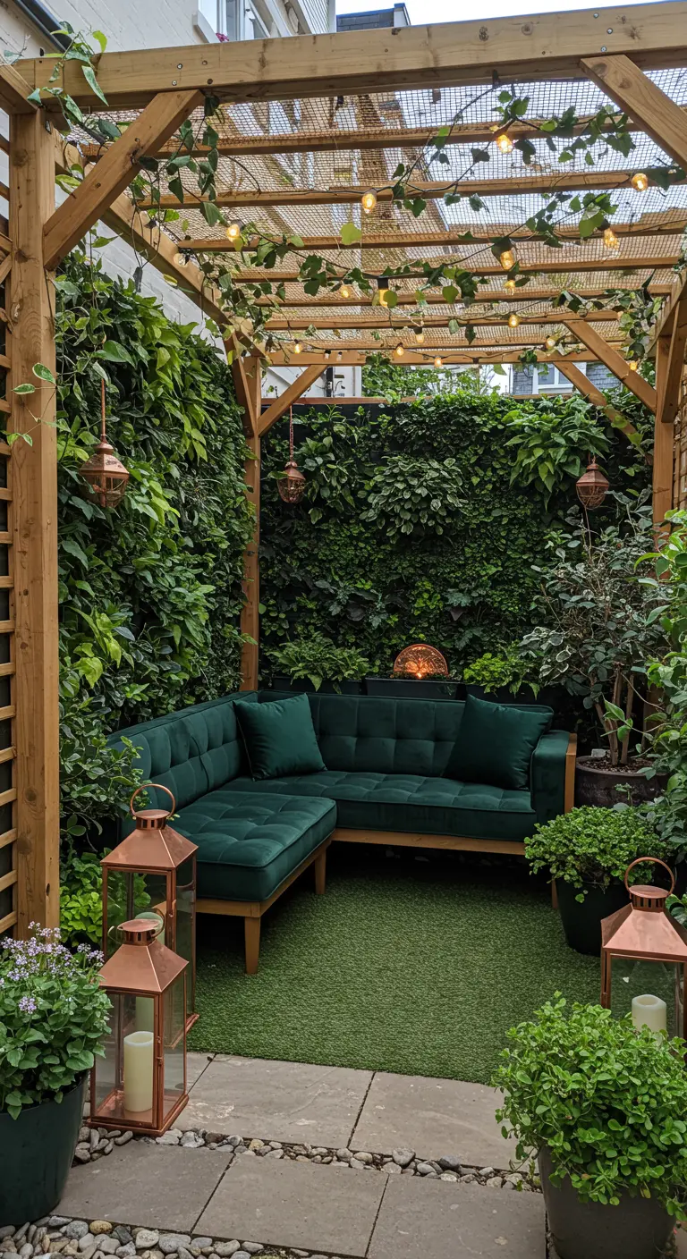 Pequeño jardín urbano con pérgola, paredes verdes y sofá de terciopelo.