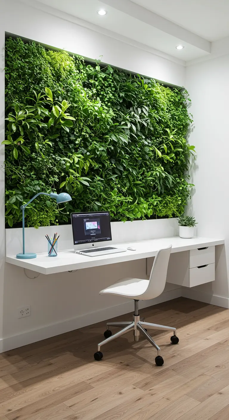 Escritorio flotante blanco largo colocado delante de una impresionante pared cubierta de plantas verdes.