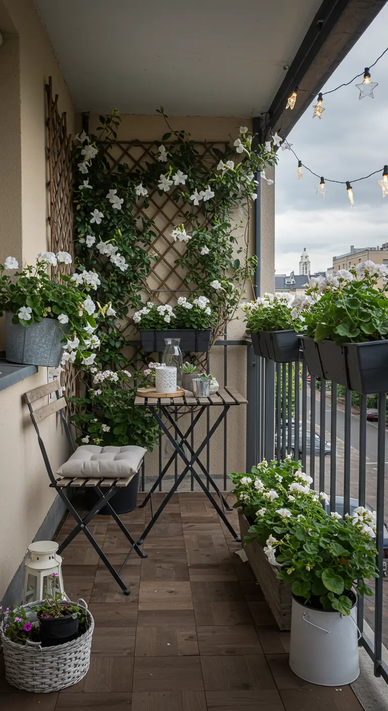 Balcón pequeño con una celosía cubierta de flores blancas, muebles plegables y luces de estrellas.