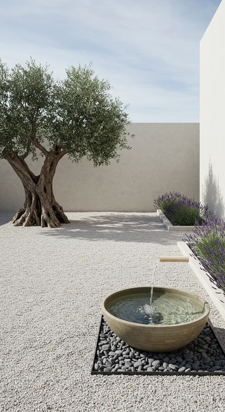 Patio minimalista de grava blanca con un olivo y una fuente de piedra de estilo japonés.