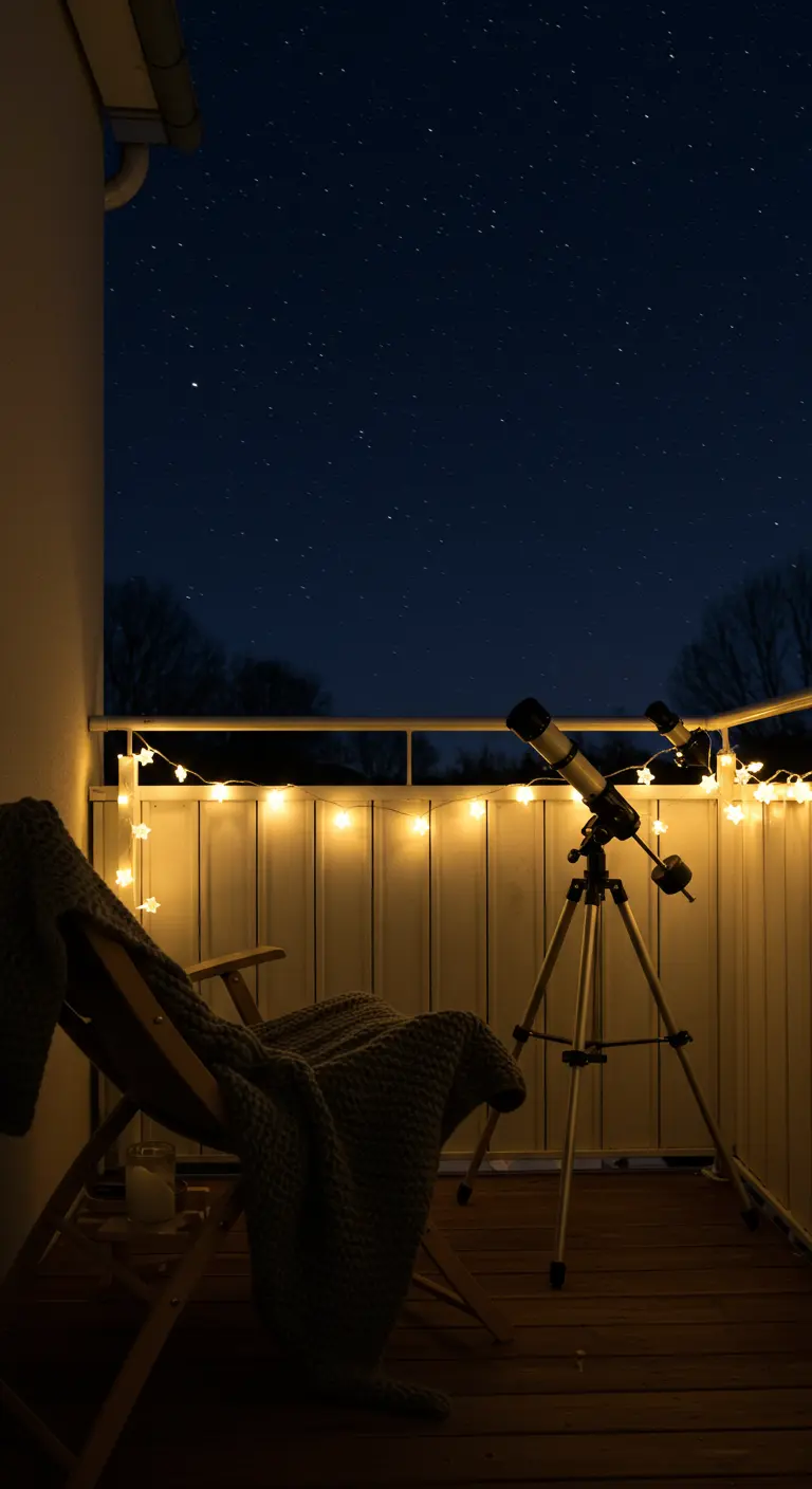 Balcón nocturno con un telescopio, silla de madera y luces de estrellas.